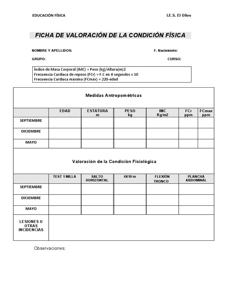 Ficha Valoración Condición Física | PDF