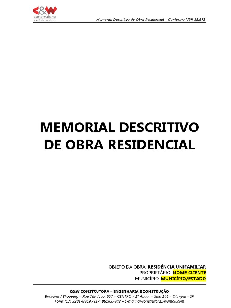 C&W - Modelo de Memorial Descritivo Residencial | PDF | Argamassa ...