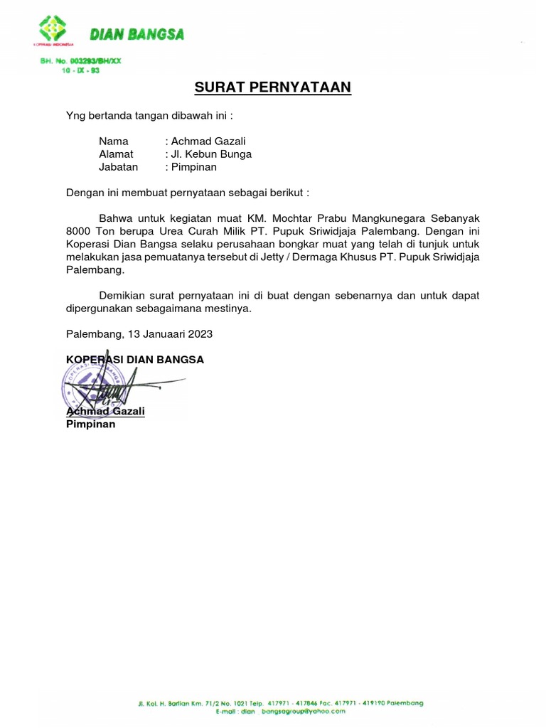 Surat Pernyatan RKBM KM Mocht Prabu | PDF