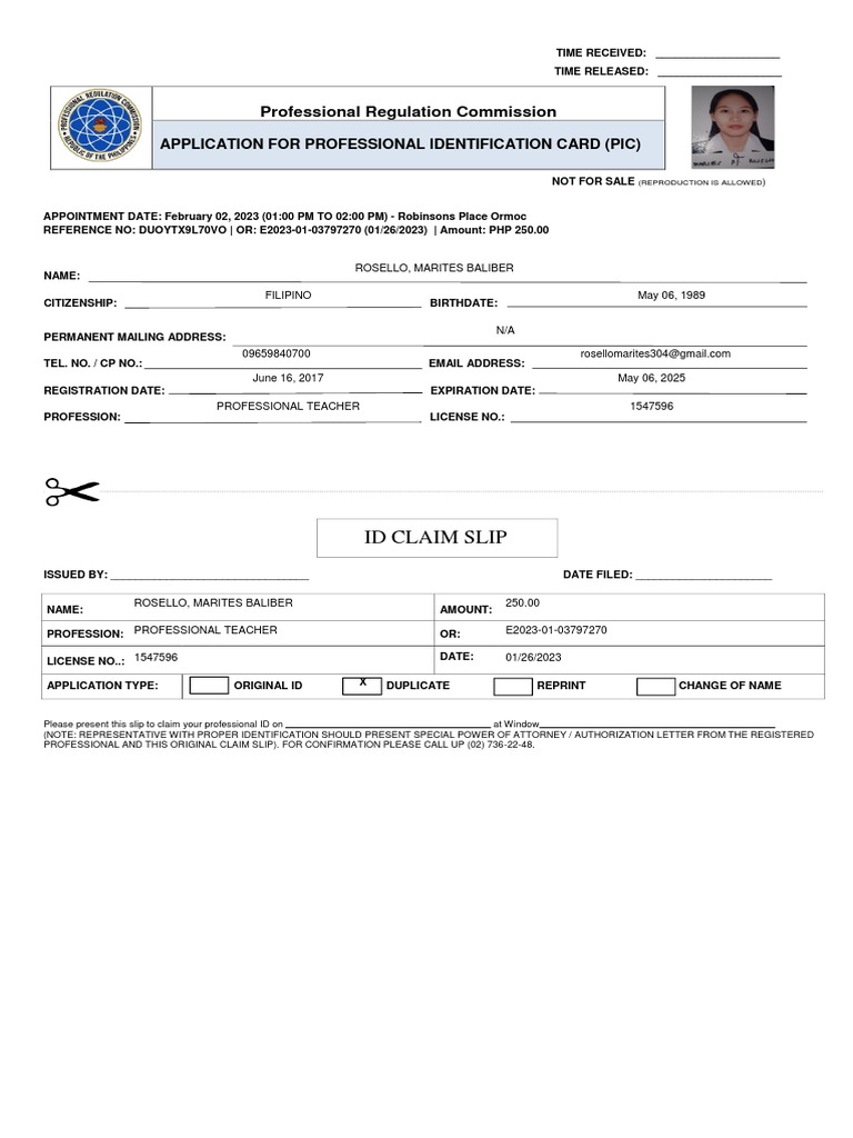 Professional Regulation Commission Id Claim Slip PDF Identity