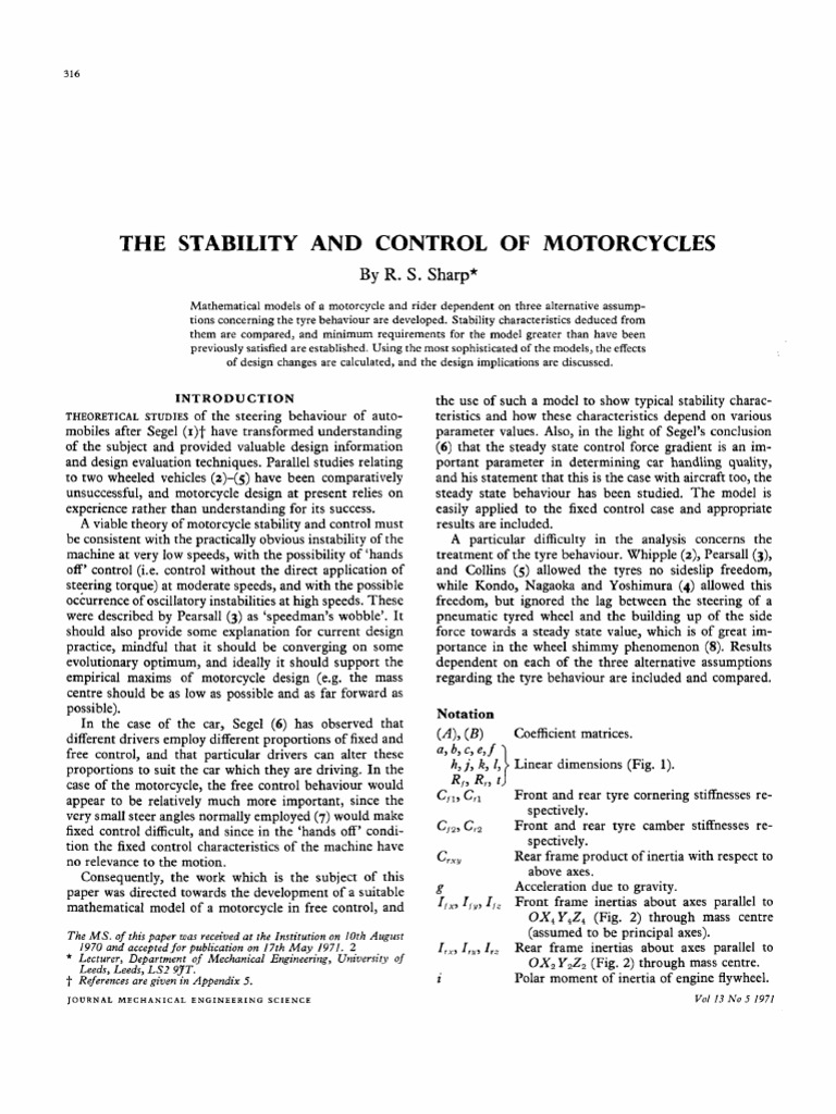 Motorcycle Stability and Control Models | PDF | Rotation Around A Fixed ...