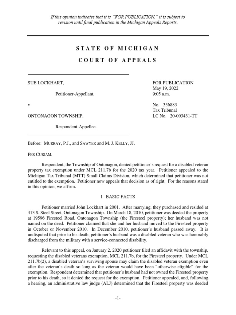 Sue Lockhart V Ontonagon Township Opinion PDF Tax Exemption
