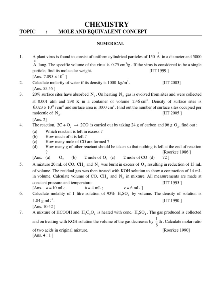 JEE Mole Concept and Stoichiometry Notes | PDF | Mole (Unit) | Calcium