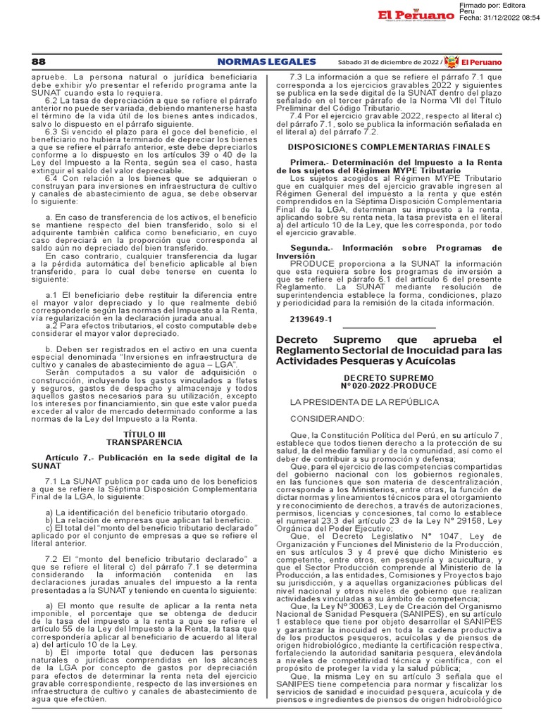 Reglamento de Inocuidad Pesquera 2022 | PDF | Alimentos | Agua