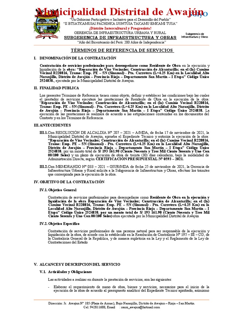 Contratación Residente de Obra Awajún | PDF | Finanzas y dinero | Hogar ...