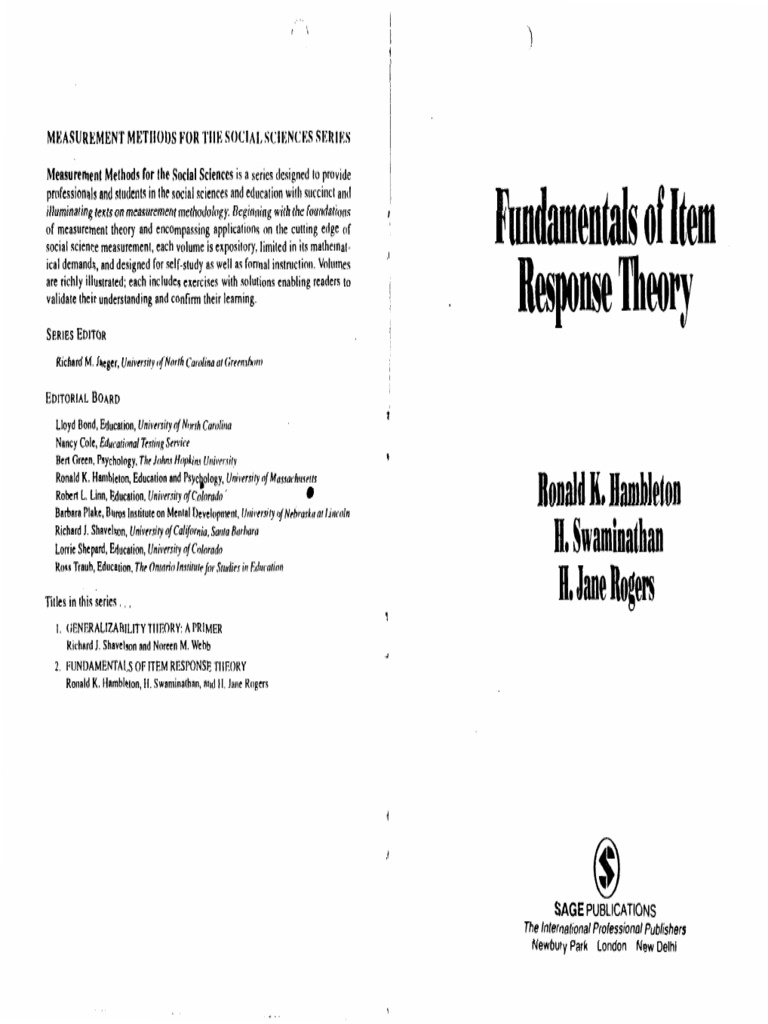 (1991 Hambleton) Fundamentals of Item Response Theory | PDF