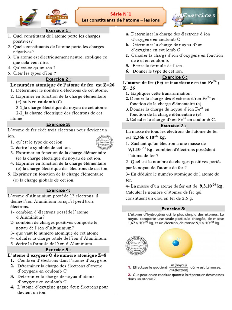 Exercices sur atomes et ions 3ème | PDF | Atomes | Ion