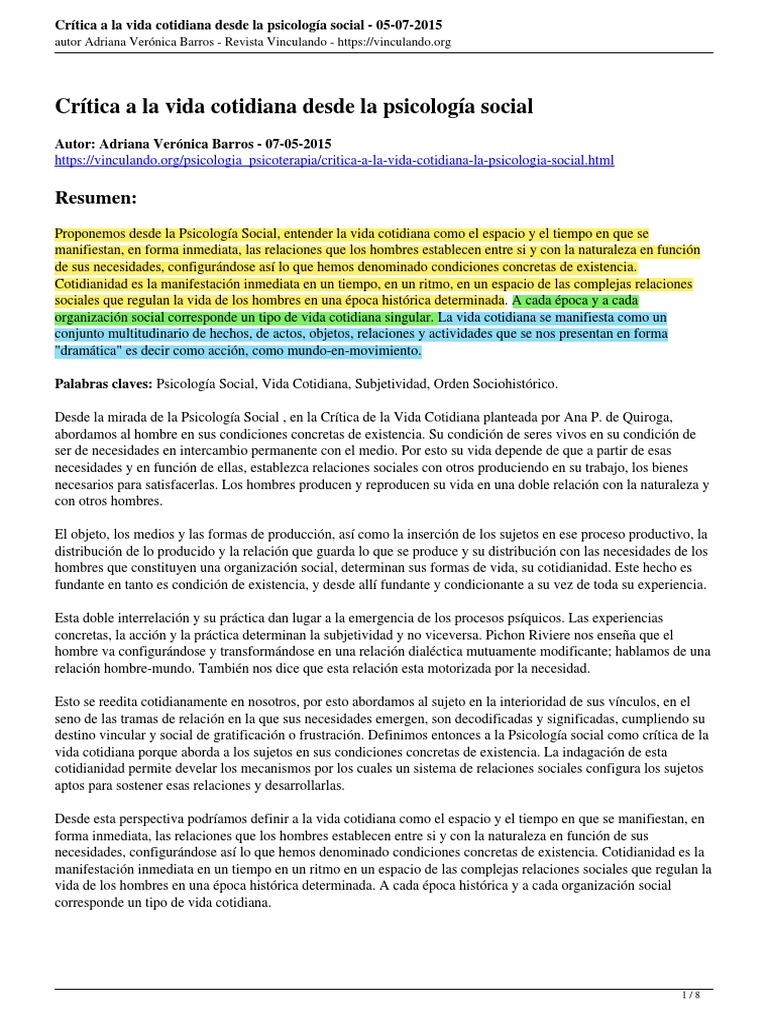 Crítica de la Vida Cotidiana en Psicología | PDF | Psicología Social | Vida