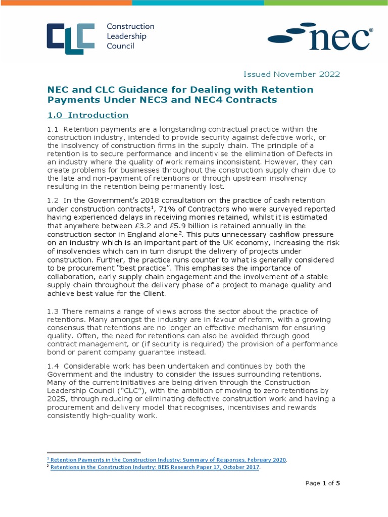 Nec and clc guidance for dealing with retention payments under nec3 and