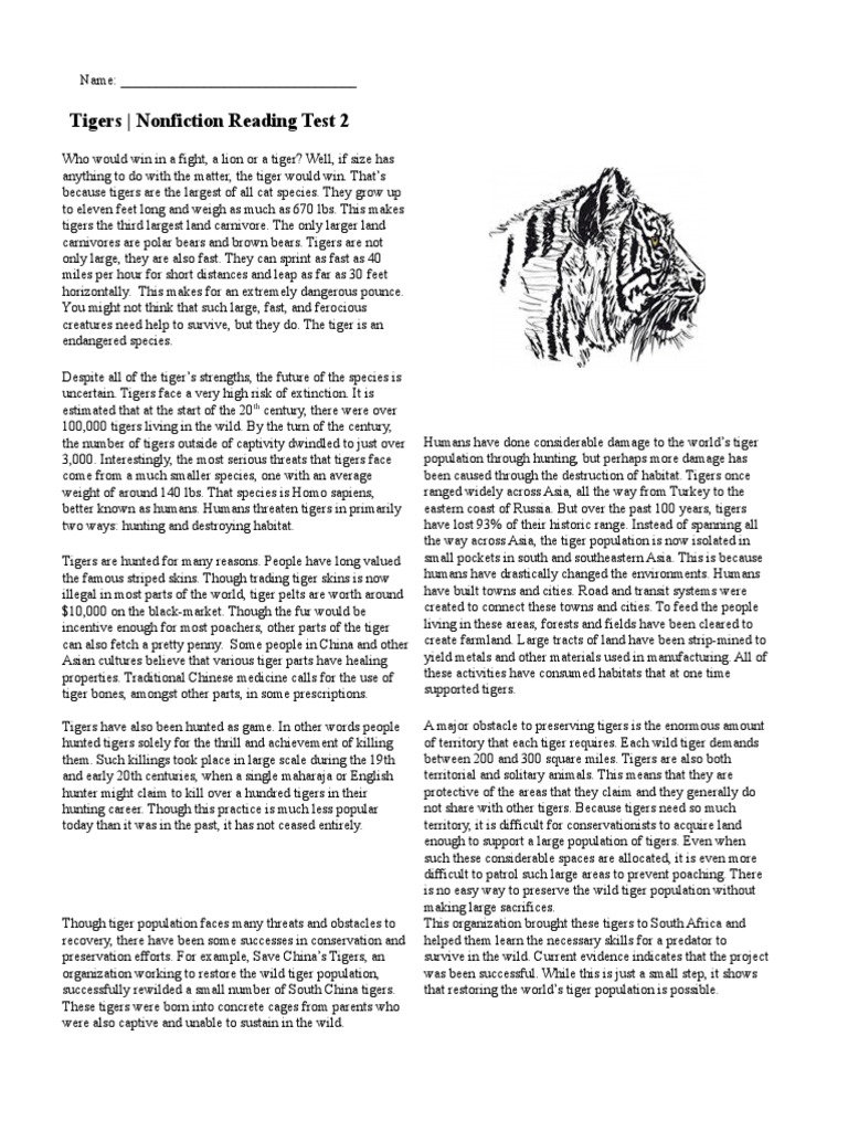 Nonfiction Reading Test 2 Tigers Pdf Tiger Poaching