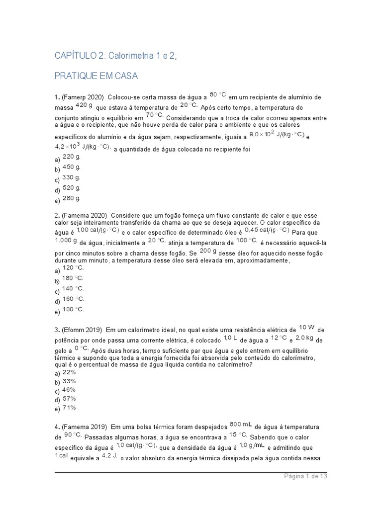 Questões de Calorimetria e Respostas | PDF | Calor | Temperatura