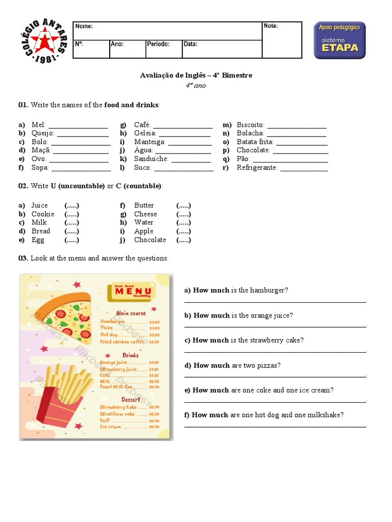 Avaliação de Inglês 4º Ano - Bimestre 4 | PDF | Teaching Methods ...