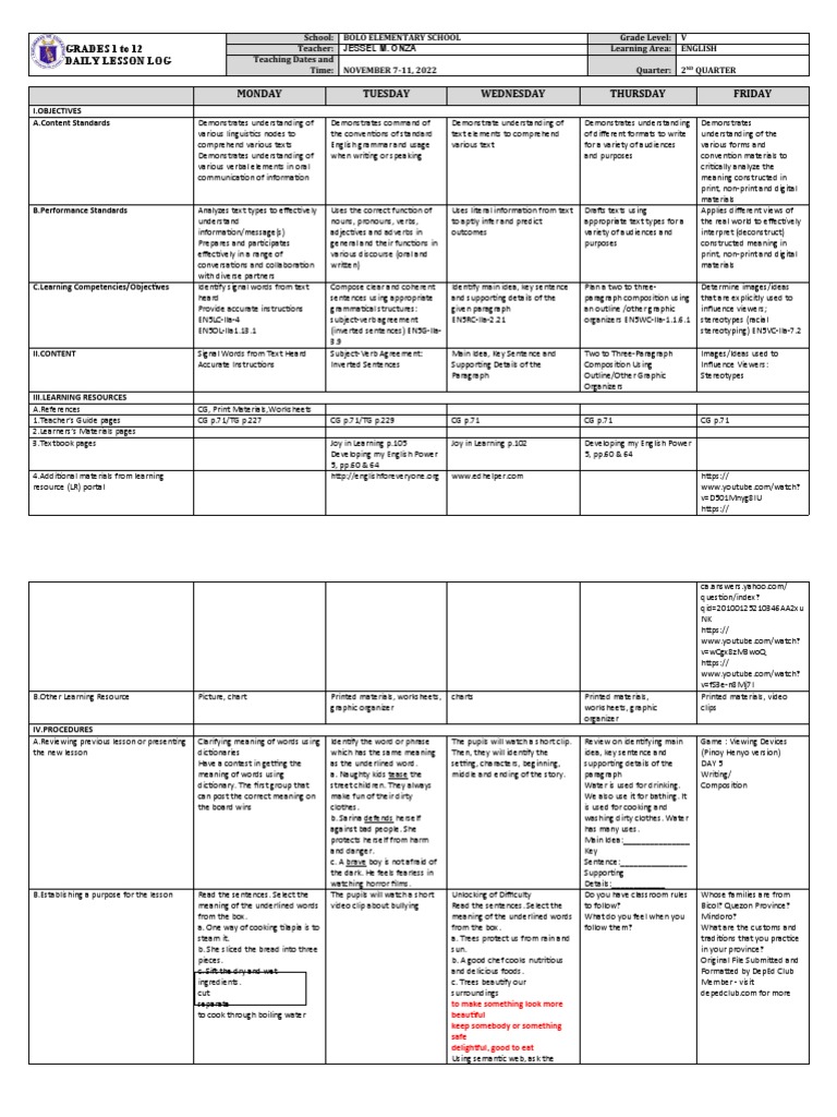 Grade 5 English DLL Q2 Week 1 | PDF | English Language | Linguistics