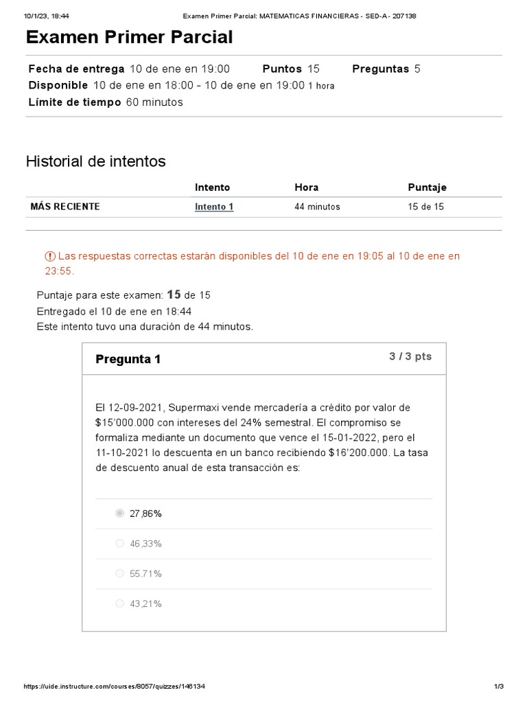 Examen Primer Parcial - MATEMATICAS FINANCIERAS - SED-A - 207138 | PDF ...