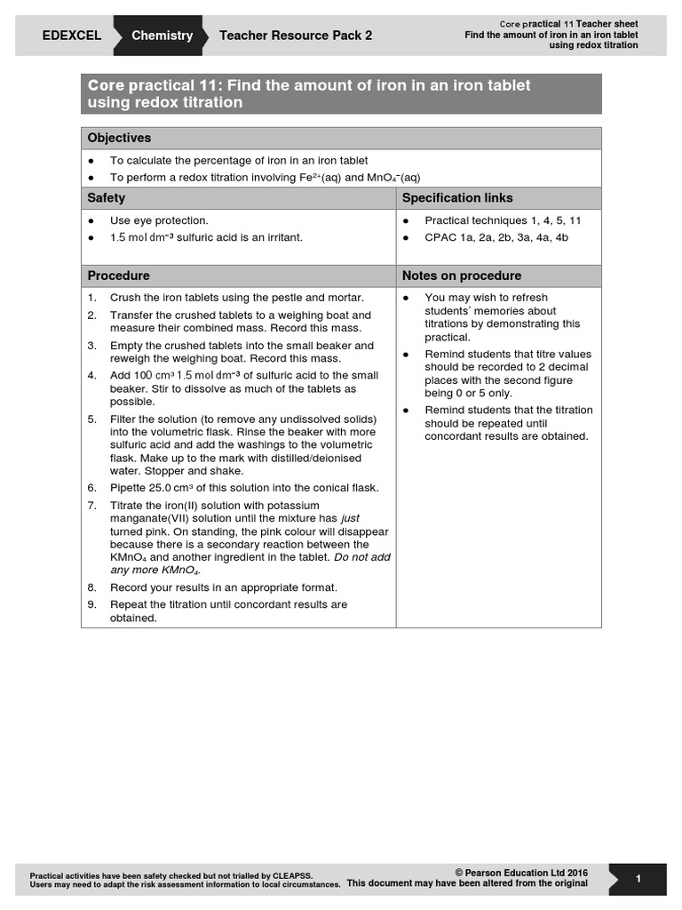 A Level Chemistry Core Practical 11 Redox Titration | PDF | Titration ...