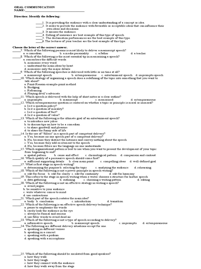 Oral Communication Speech Types Quiz | PDF | Speech | Public Speaking