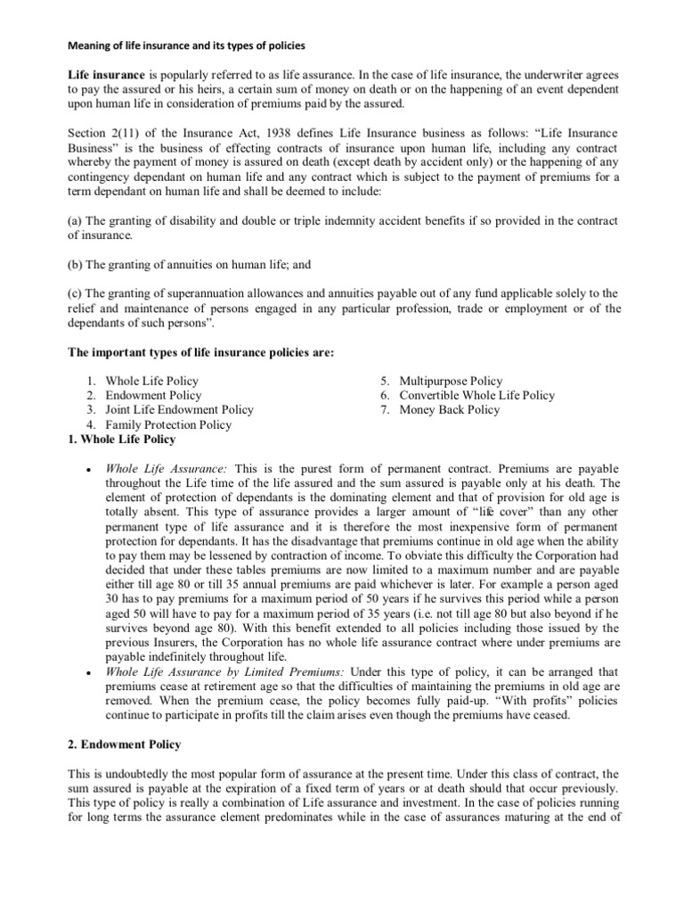 Meaning of Life Insurance and It Types of Policies | PDF | Life ...