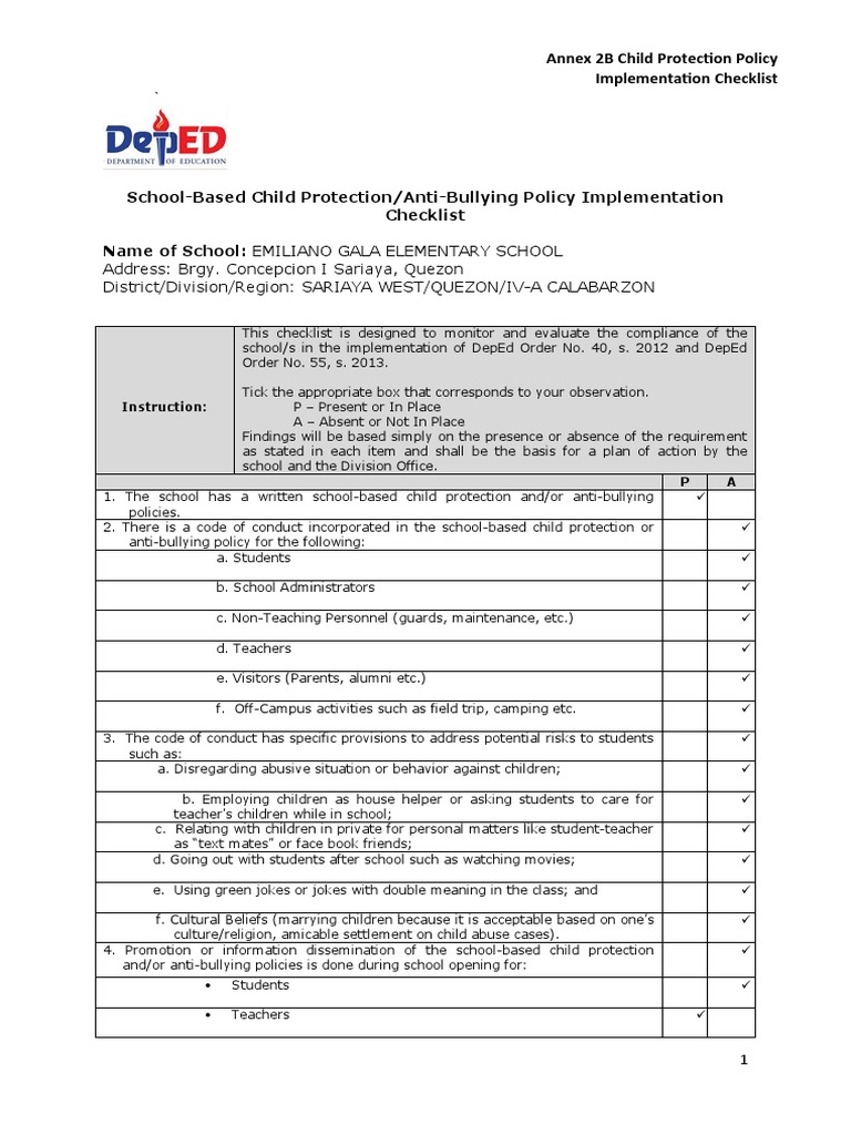 Sip Annex 2b Child Protection Policy Implementation Checklist | PDF ...
