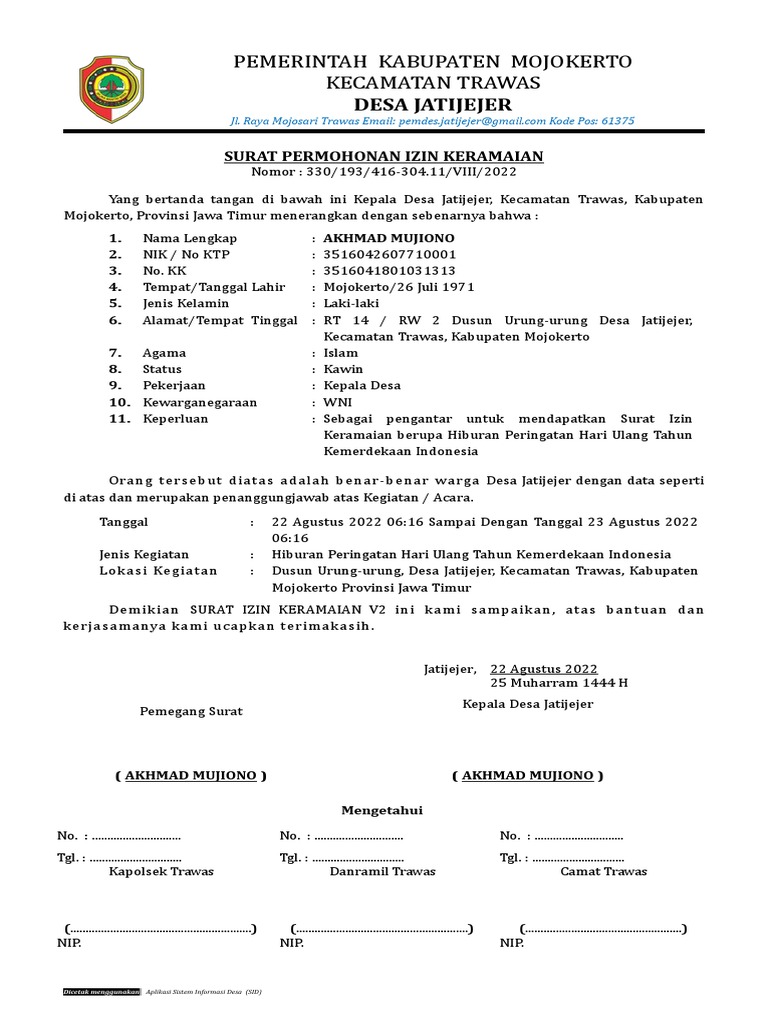 Surat Izin Keramaian Desa Jatijejer | PDF