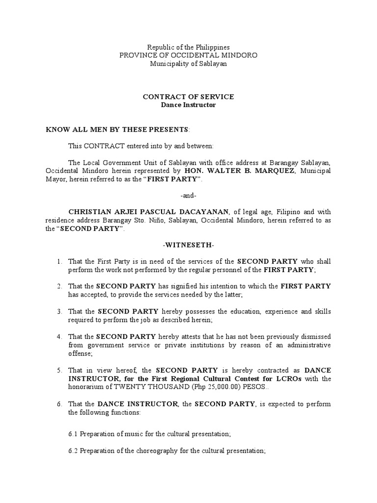 Contract of Service Dance Instructor PDF Employment Government