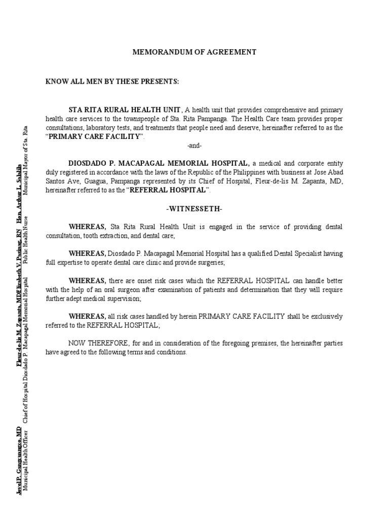 Dental Memorandum of Agreement Sta Rita PDF Dentistry Hospital