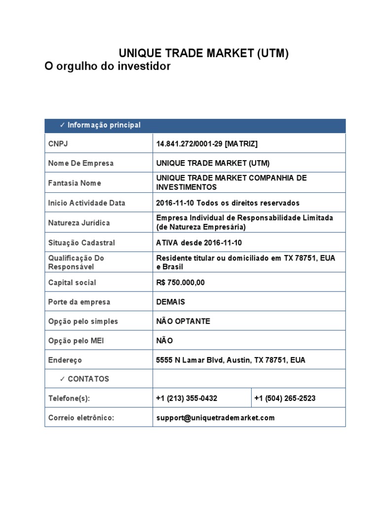 CNPJ e Atividades da Unique Trade Market | PDF | Programas | Setor ...