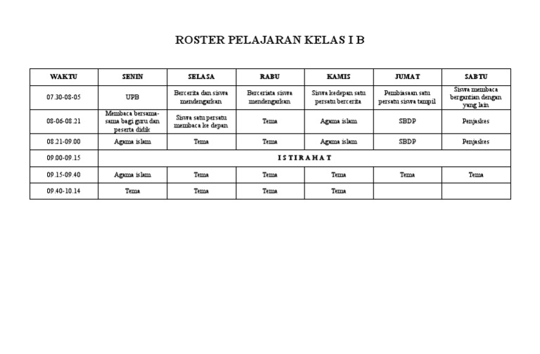 Roster Pelajaran Kelas I B SD | PDF