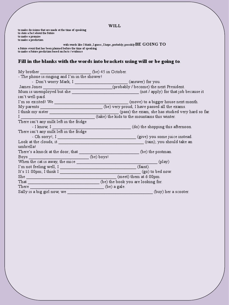 Will Vs Be Going To Key Included Soal Pdf Language Arts Discipline
