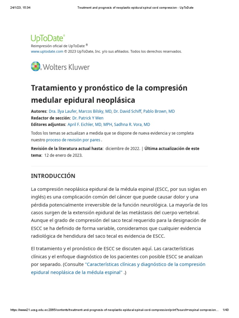 Treatment and Prognosis of Neoplastic Epidural Spinal Cord Compression