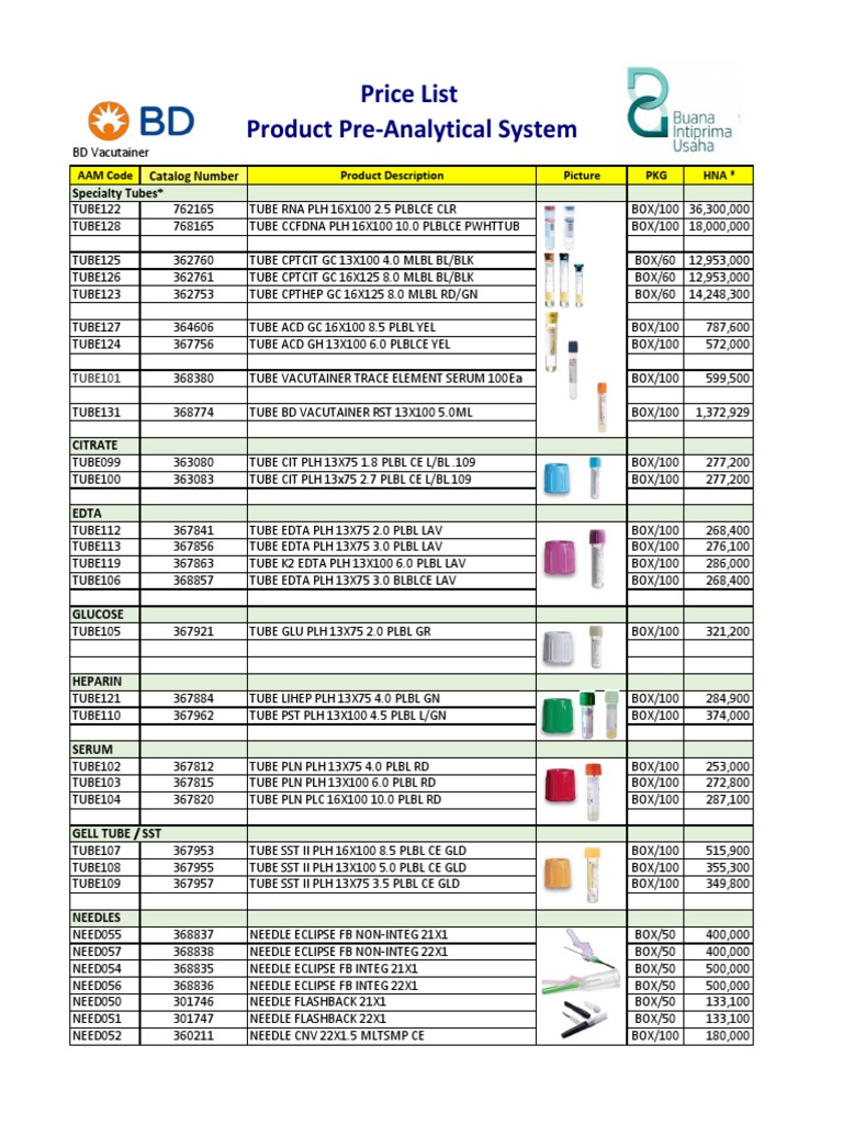 Price List BD Vacutainer PDF Blood Tissue (Biology)