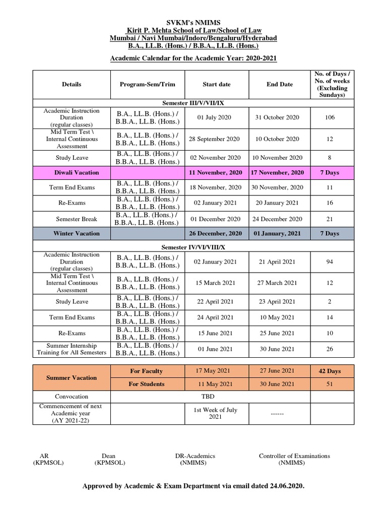 Academic Calendar for the B.A., LL.B. (Hons.) / B.B.A., LL.B. (Hons