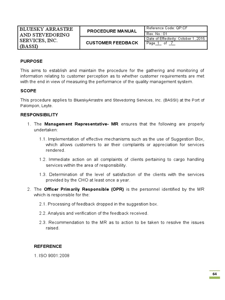 Customer Feedback Procedure Manual | PDF | Iso 9000 | Verification And ...