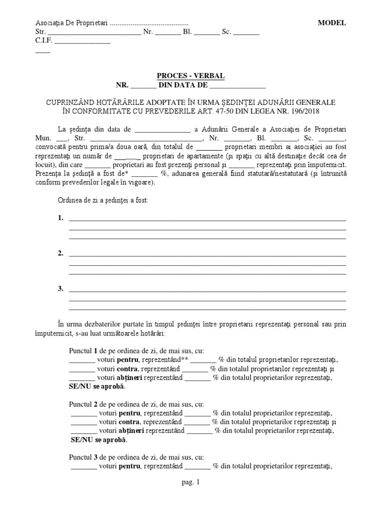 Proces Verbal Adunarea Generala Model | PDF