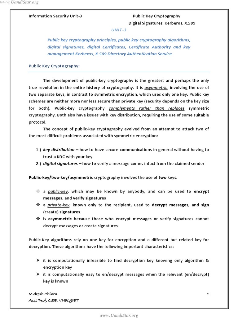 Unit 3 Assymetric Cryptography Kerberos X 509 certificates UandiStar 