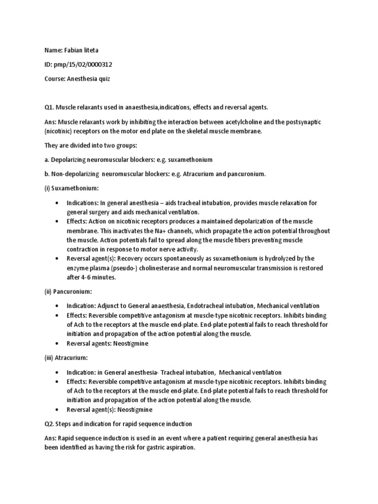 Anesthesia Quiz PDF Neuromuscular Junction Acetylcholine