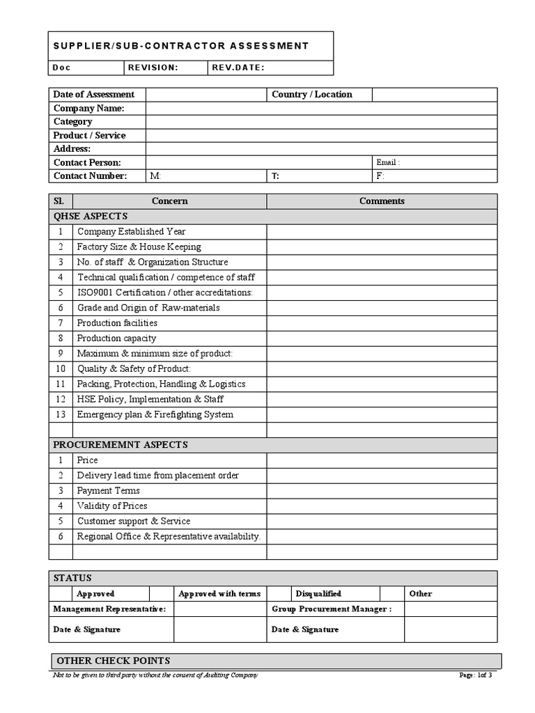 Suppliers Assessment Checklist PDF Iso 9000 Business Process