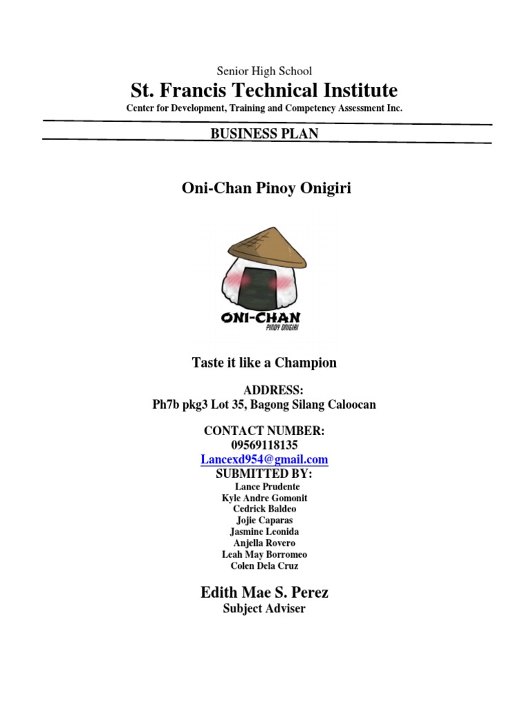 Oni-Chan Pinoy Onigiri Business Plan | PDF | Career & Growth | Business