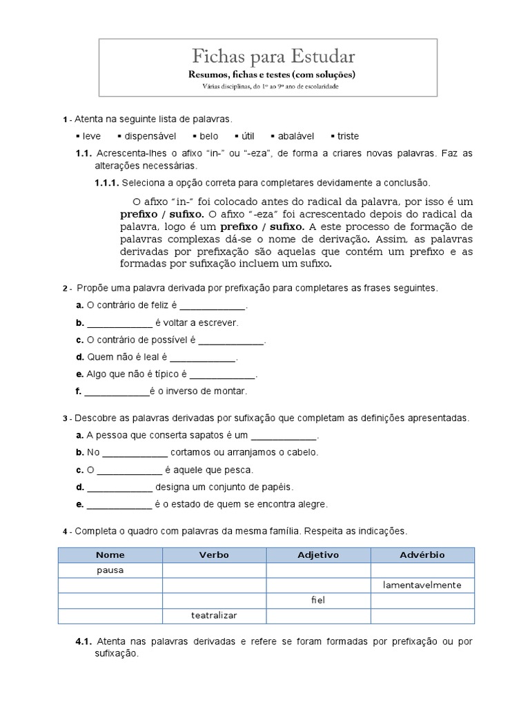 Ficha Portugues 5 Ano Derivacao Por Prefixacao e Sufixacao | PDF