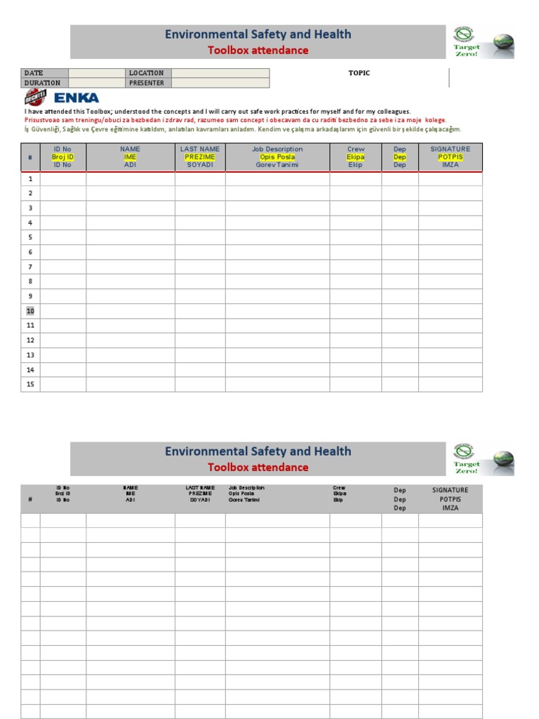 Toolbox Attendance Sheet | PDF