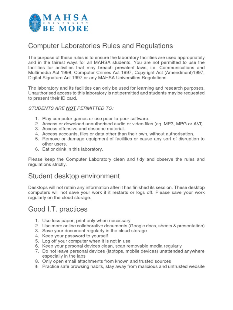 MAHSA Computer Lab Guidelines | PDF