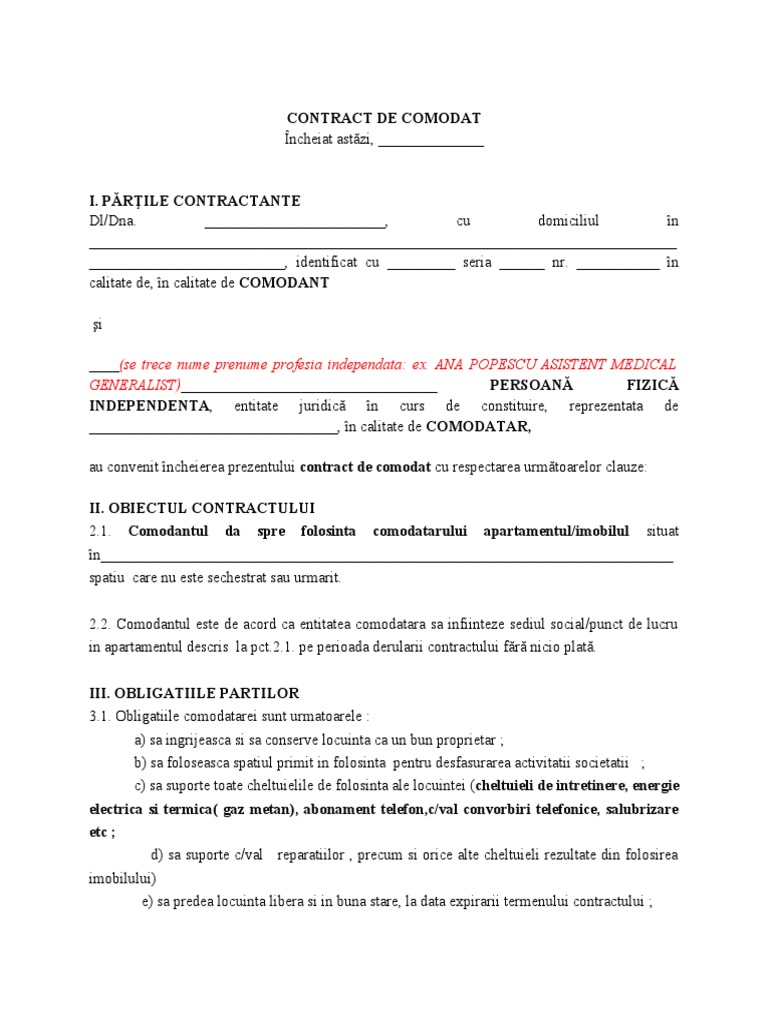 PFI - Contract Comodat - Un Proprietar | PDF