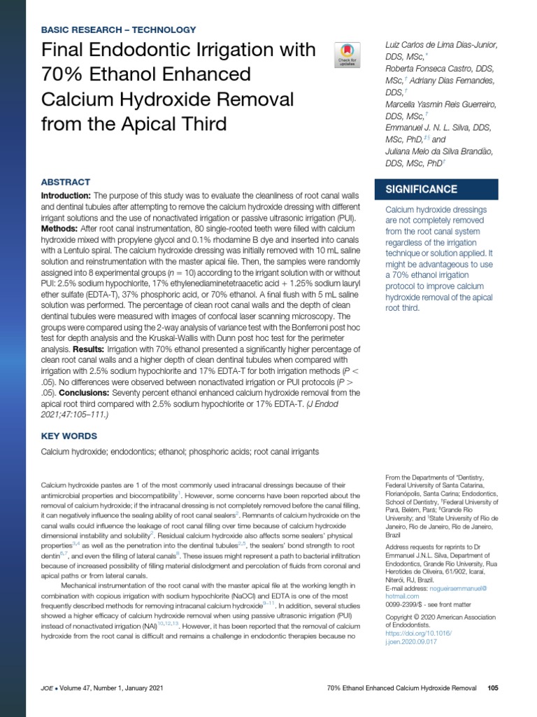 Final Endodontic Irrigation With 70 Ethanol Enhanced Calcium Hydroxide