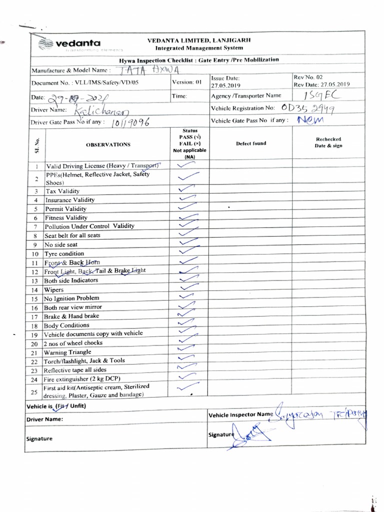 Hywa Inspection Checklist Gate Entry /Pre Mobilization PDF