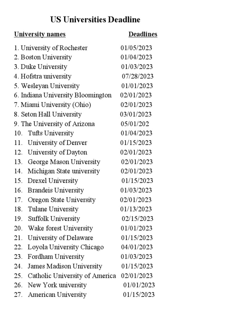 US Universities Deadline PDF