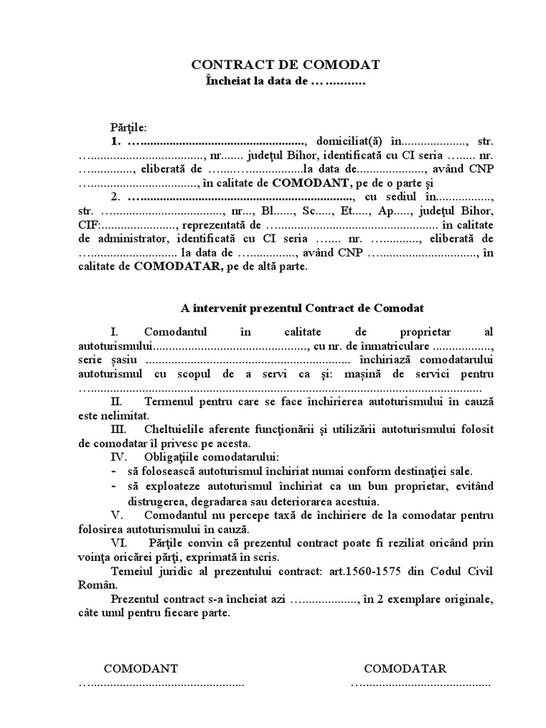 CONTRACT DE COMODAT-Auto | PDF