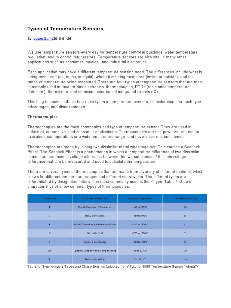 Types of Temperature Sensors PDF Thermocouple Electronic Engineering