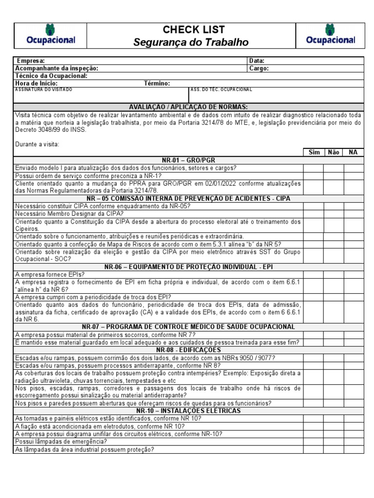 Checklist de Segurança do Trabalho | PDF | Fatores humanos e Ergonomia ...