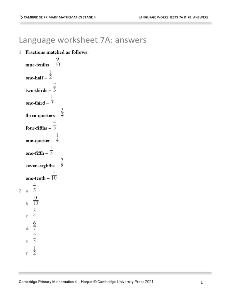 Prim Maths 4 2ed TR Lang Ws Answers 7 | PDF