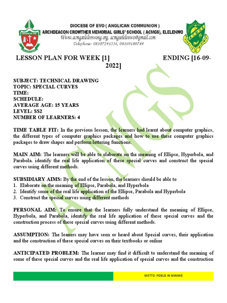 Ss2 Technical Drawing Lesson Plan Week 1 PDF Ellipse Geometric Shapes