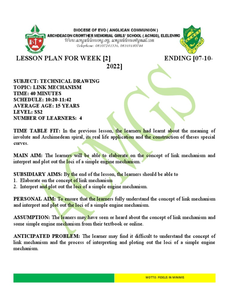 Ss2 Technical Drawing Lesson Plan Week 4 PDF Machines Lesson Plan